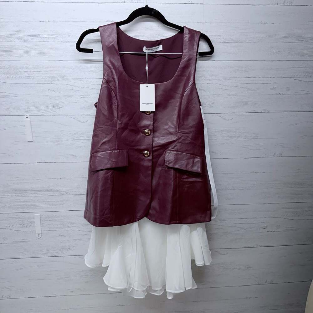 Amanda Uprichard Lilibet Dress faux leather maroon vest with white skirt